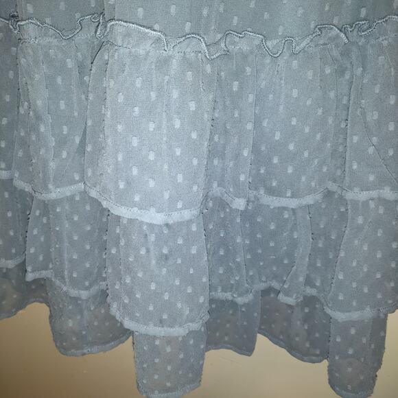 Express Blue Mini Dress SMALL Tiered Ruffles Swiss Squares Sheer Lined Keyhole - Picture 5 of 16